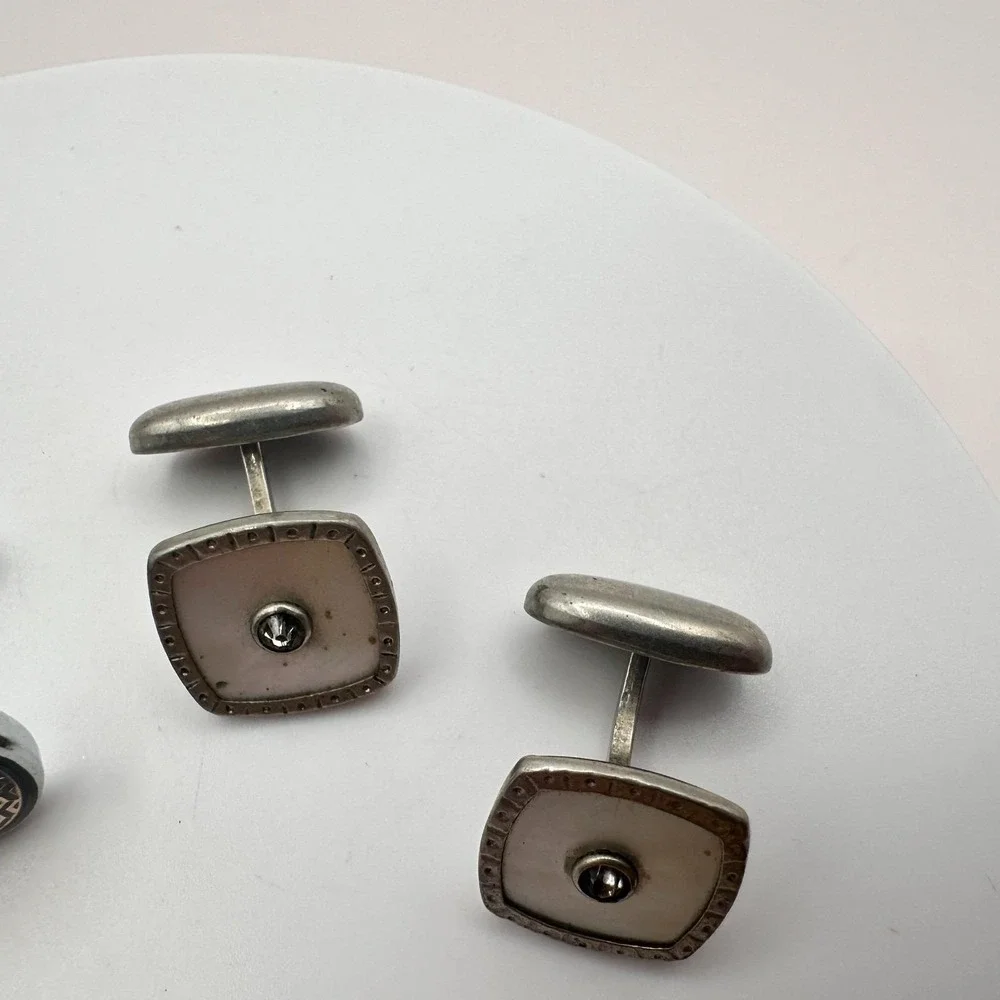 Vintage 80s Silver Tone Cufflink Set Glass Geometric Honeycomb‎ Fashion Jewelry